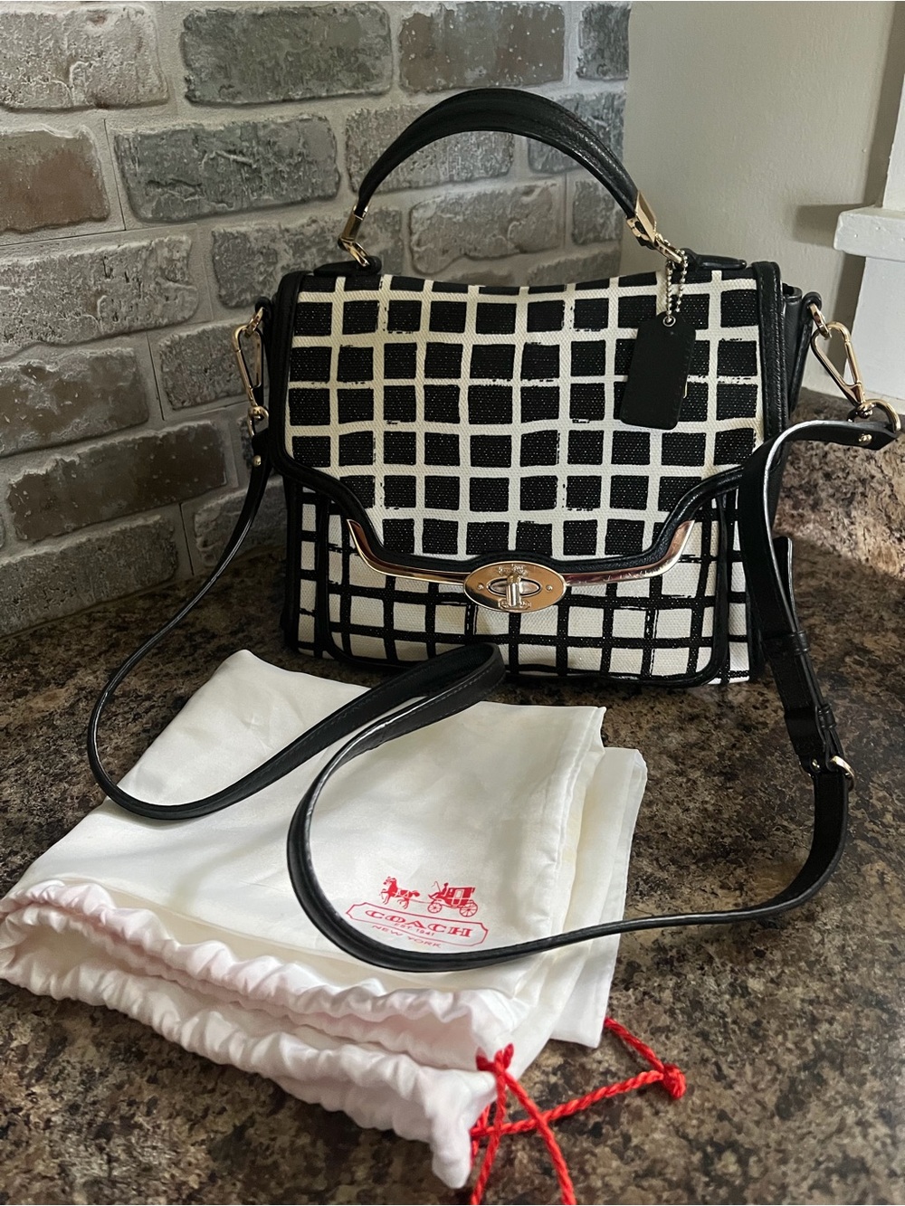 Coach Black & White Grid Top-Handle Satchel with Gold Hardware